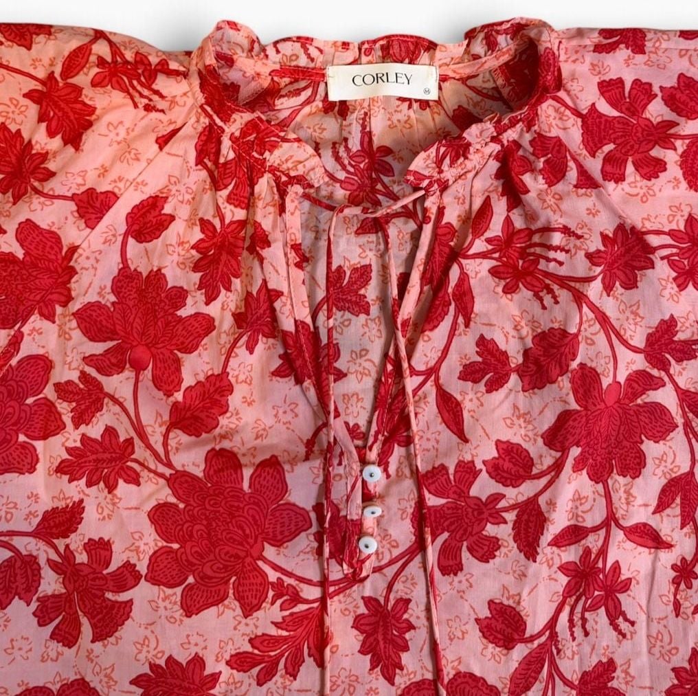 Corley Floral Tiered Ruffle Dress Size M Pink Red Navy Sleeveless Gameday 8