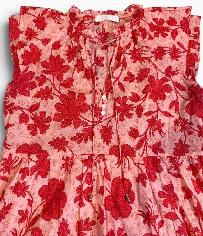 Corley Floral Tiered Ruffle Dress Size M Pink Red Navy Sleeveless Gameday 9