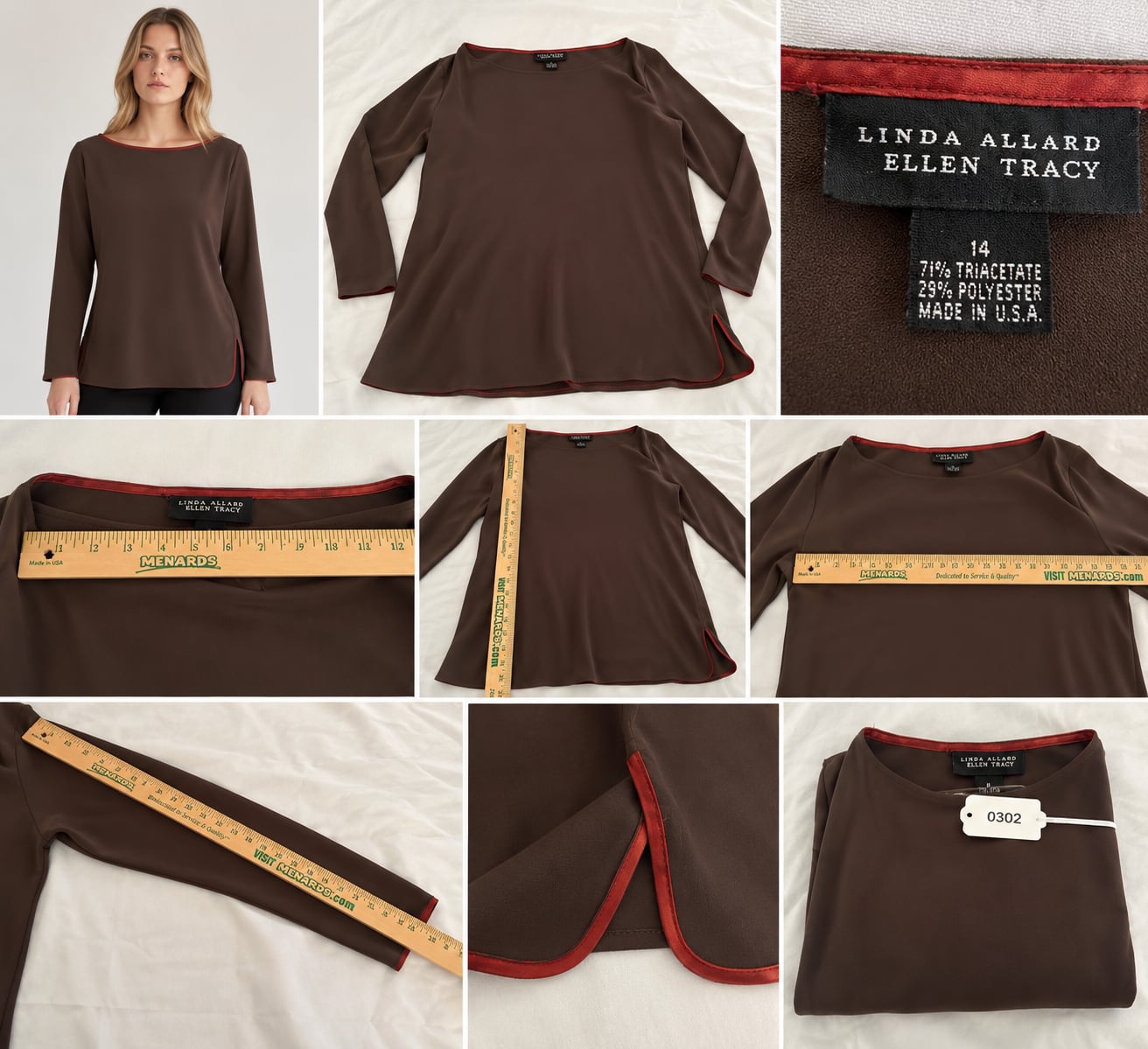 Linda Allard Ellen Tracy Long Sleeve Top Size 14 Brown 10