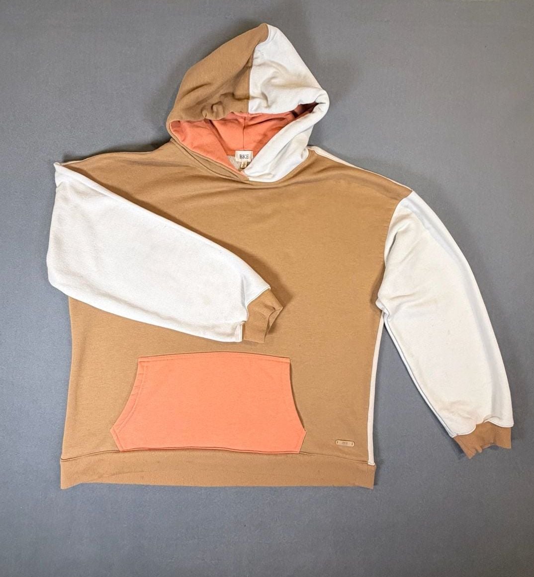 Bke Colorblock Hoodie Size L Tan White Orange Pocket Sweatshirt 2