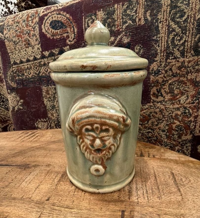 Bombay Company Glazed Pottery Two Face Canister Jar Green Stoneware 1