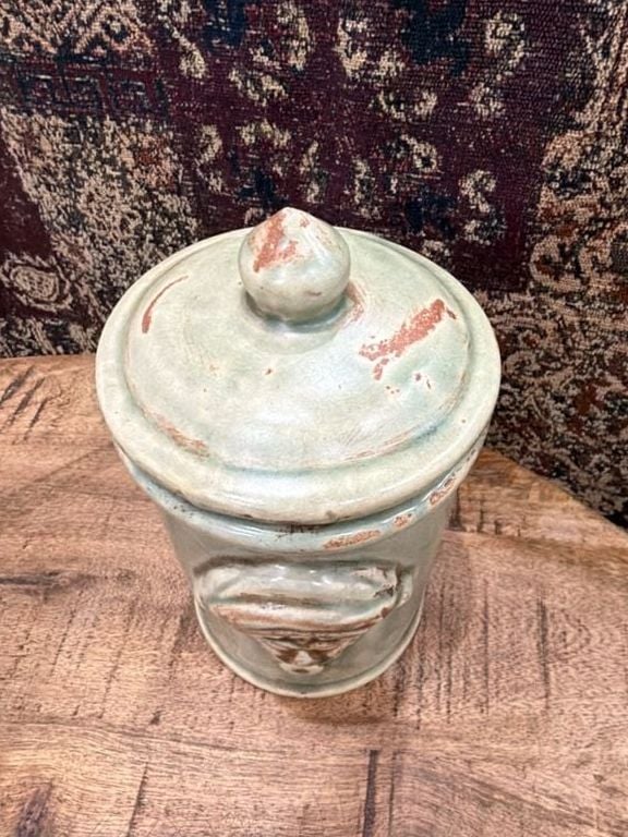 Bombay Company Glazed Pottery Two Face Canister Jar Green Stoneware 2