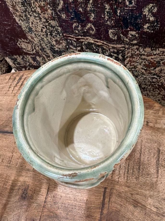 Bombay Company Glazed Pottery Two Face Canister Jar Green Stoneware 3