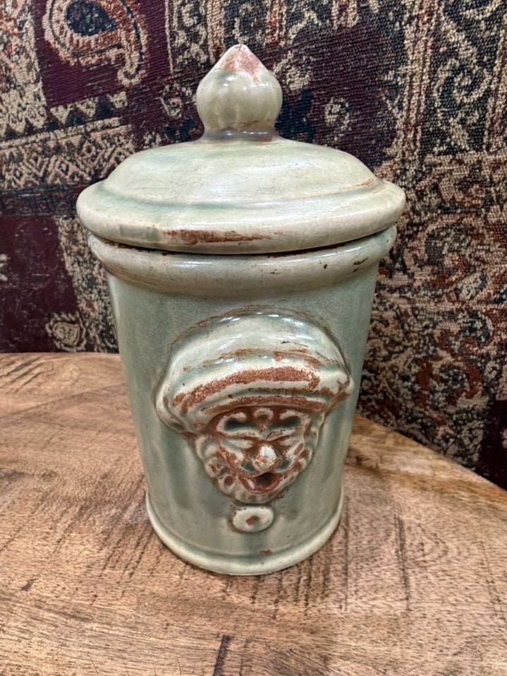 Bombay Company Glazed Pottery Two Face Canister Jar Green Stoneware 5