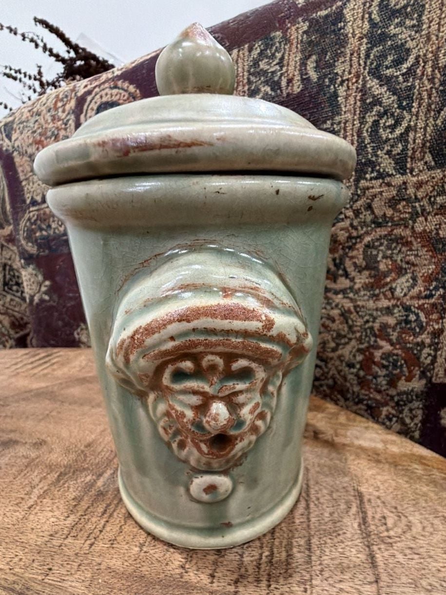 Bombay Company Glazed Pottery Two Face Canister Jar Green Stoneware 6