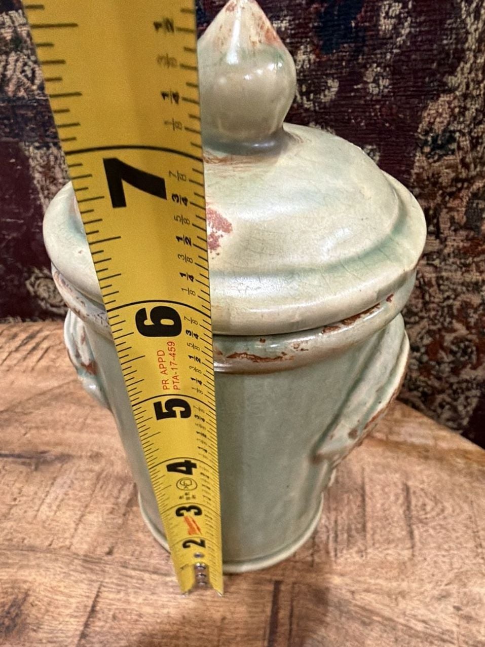 Bombay Company Glazed Pottery Two Face Canister Jar Green Stoneware 8