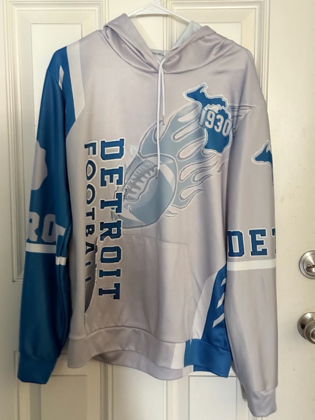 Detroit Football Hoodie Size S Graphic Print Sweatshirt Grey Blue 2