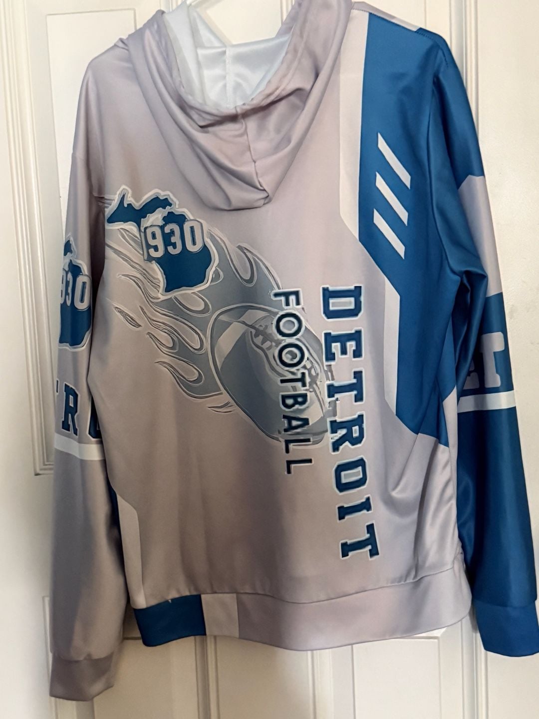 Detroit Football Hoodie Size S Graphic Print Sweatshirt Grey Blue 3