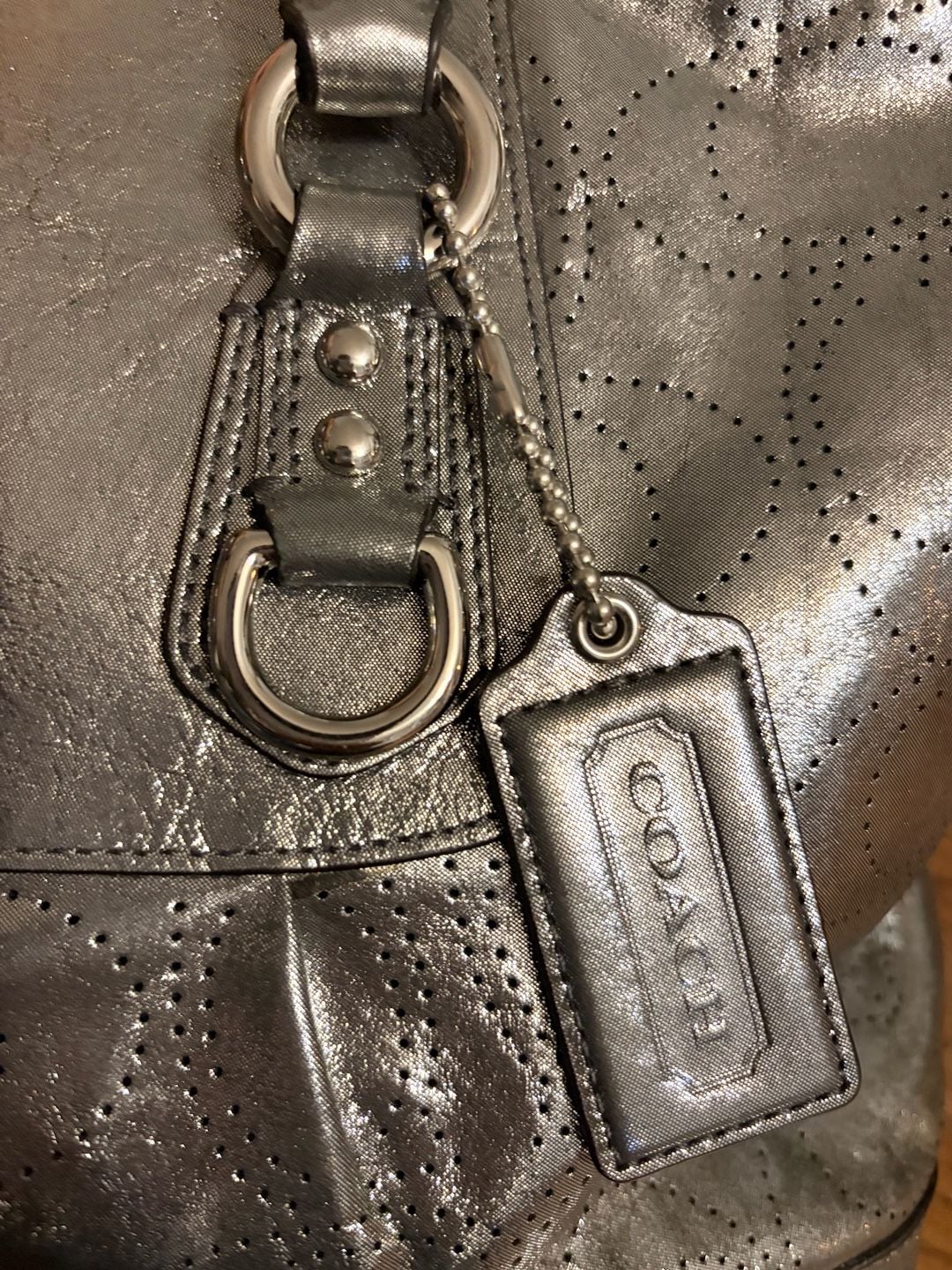 Coach Ashley Perforated Metallic Leather Satchel Handbag Silver 9
