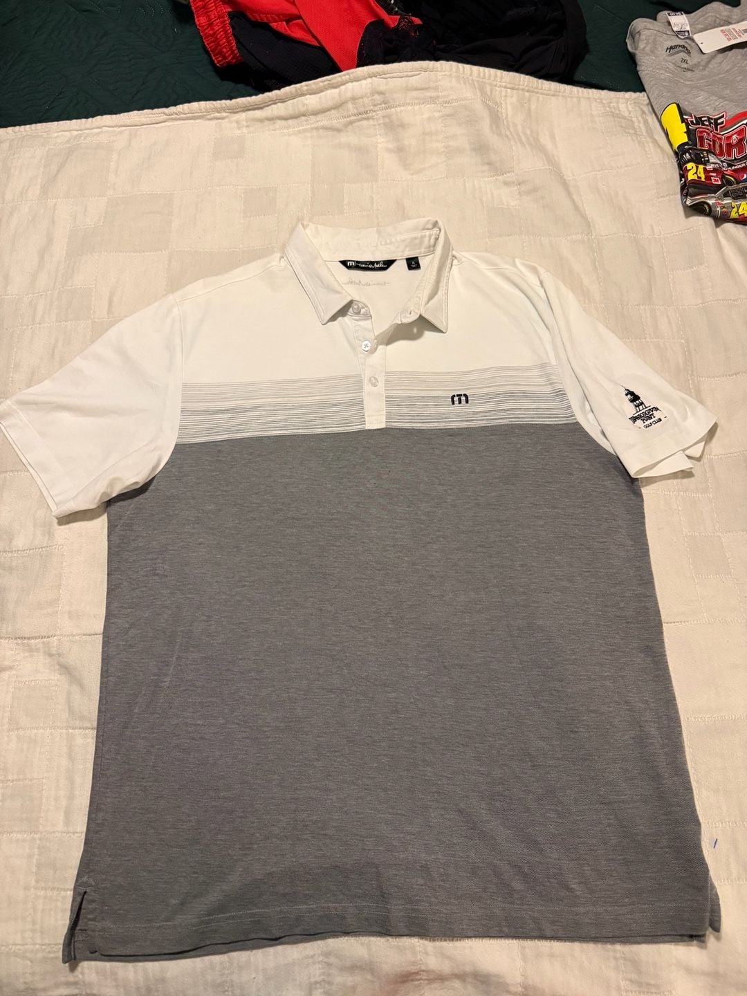 TravisMathew Coastal Chest Stripe Polo Size XL White Gray Golf Shirt 2