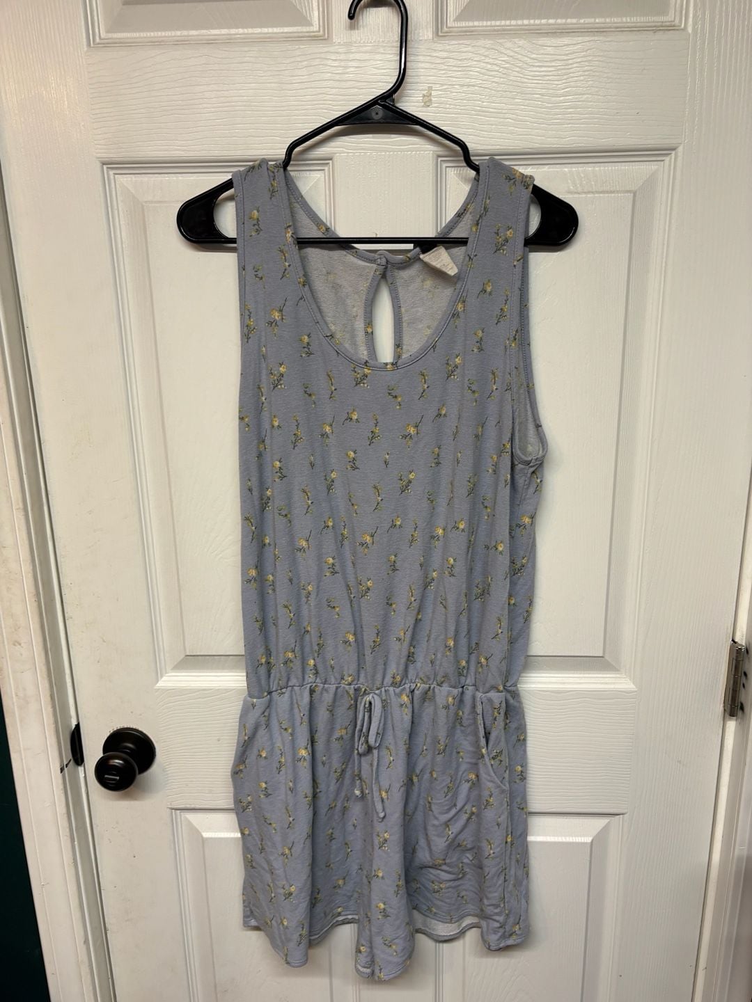 Hayzel Floral Romper Blue Yellow Sleeveless Drawstring Pockets 2
