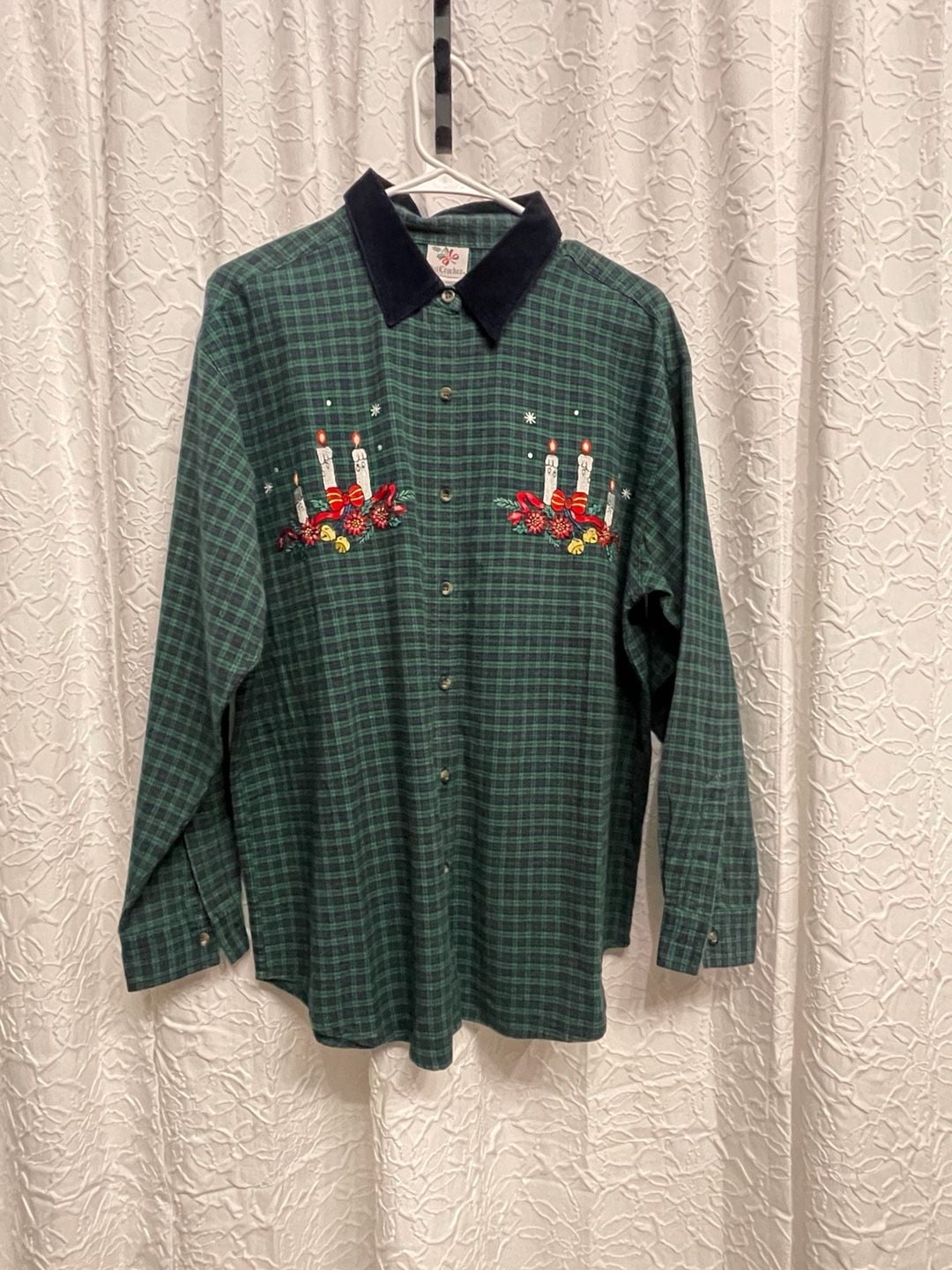 Vintage 90s Nutcracker Christmas Plaid Shirt Large Embroidered Candles Velvet 2