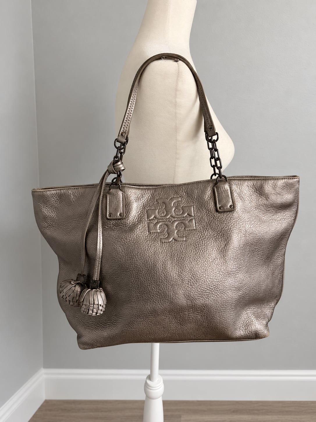 Tory Burch Metallic Leather Tote Bag with Tassels Gunmetal 2