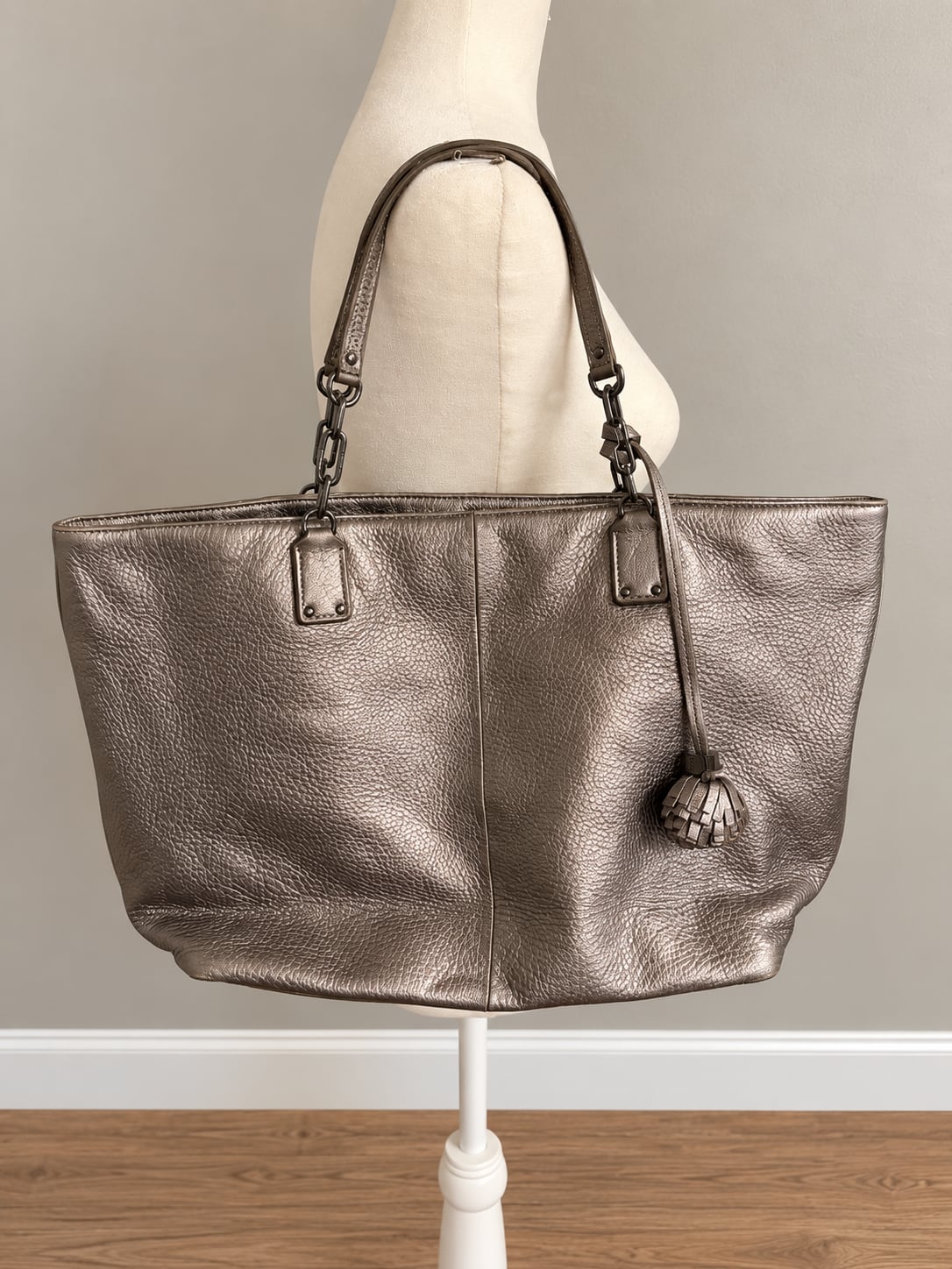 Tory Burch Metallic Leather Tote Bag with Tassels Gunmetal 3