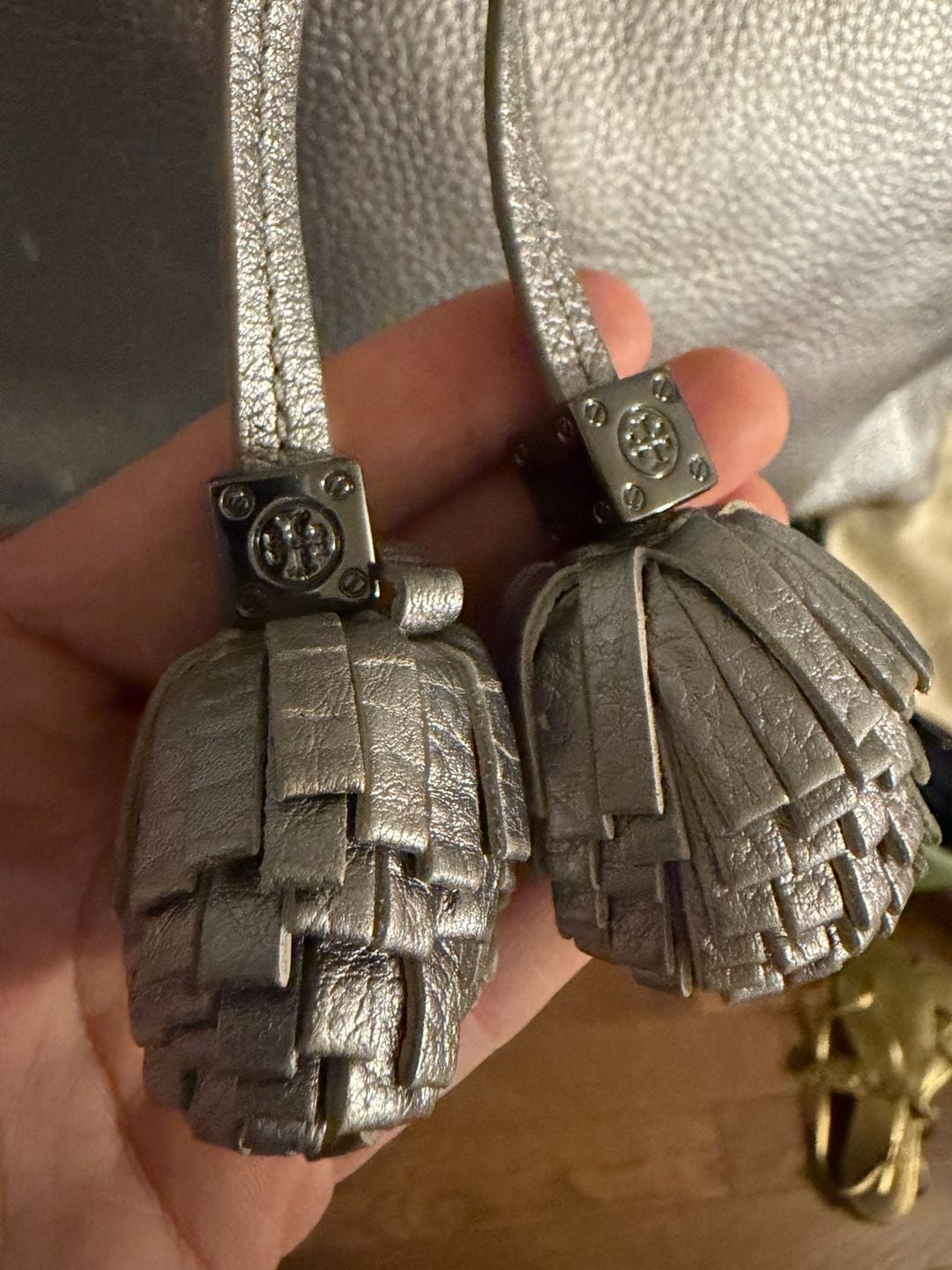 Tory Burch Metallic Leather Tote Bag with Tassels Gunmetal 5