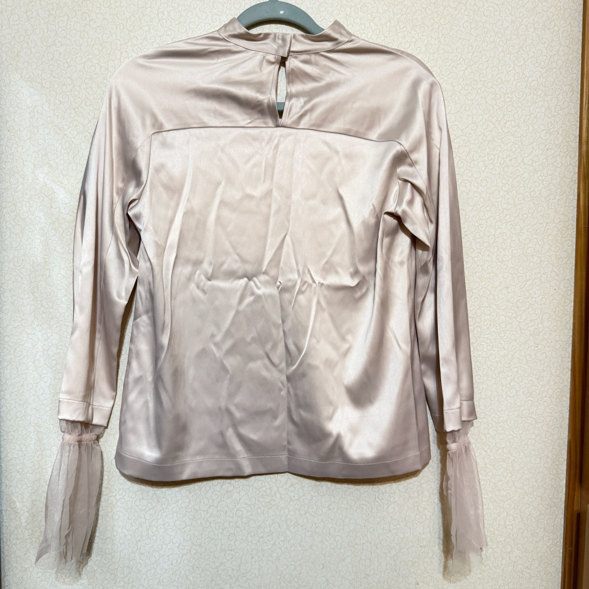 Shiarjo Satin Blouse Pink Long Sleeve Choker Neck Mesh Cuff 4