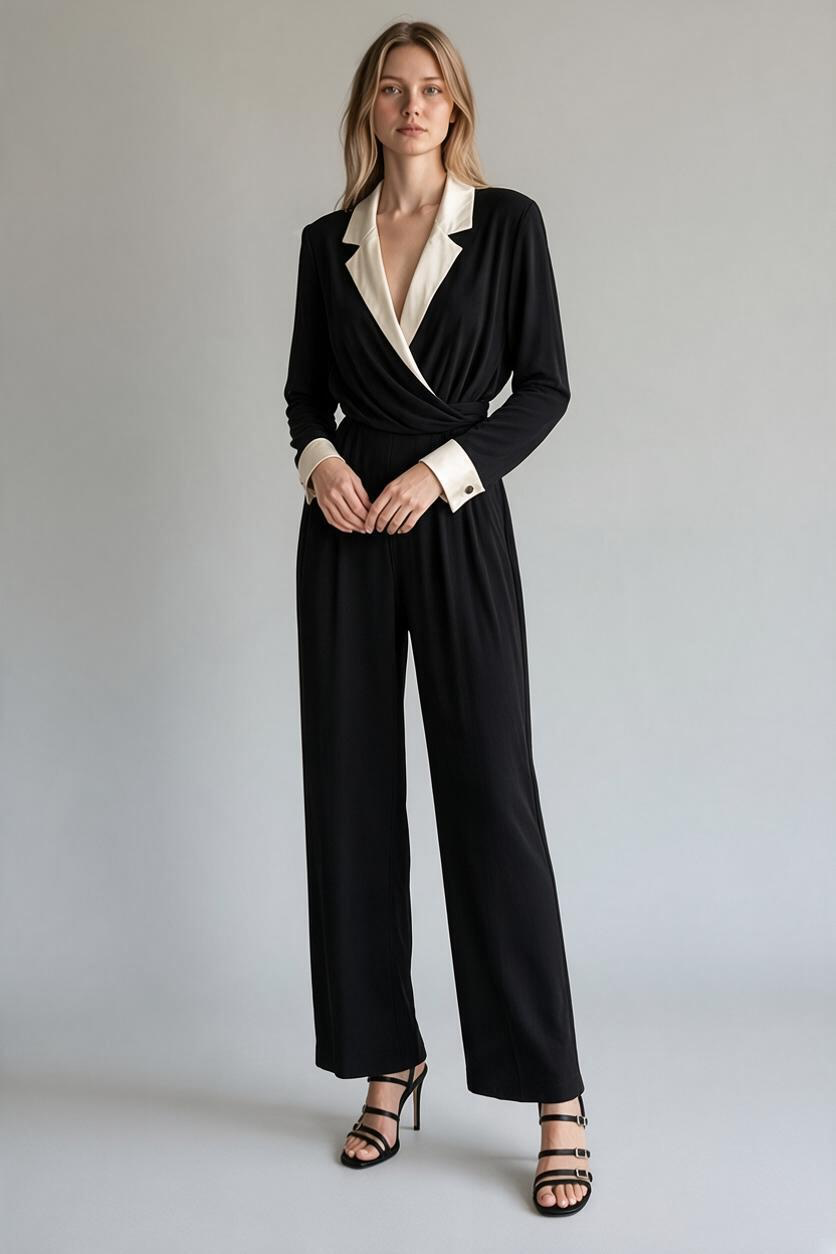 Jones New York Dress Jumpsuit Size 8 Black White Satin Trim 2