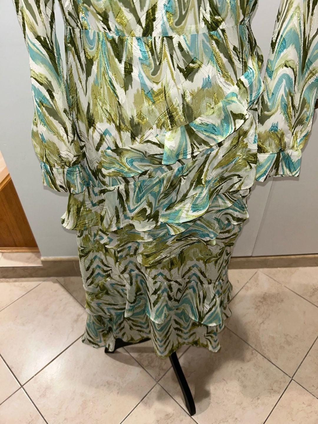 Eshet Chayil Long Sleeve Maxi Dress Size S Green Blue Abstract Print Ruffle 7