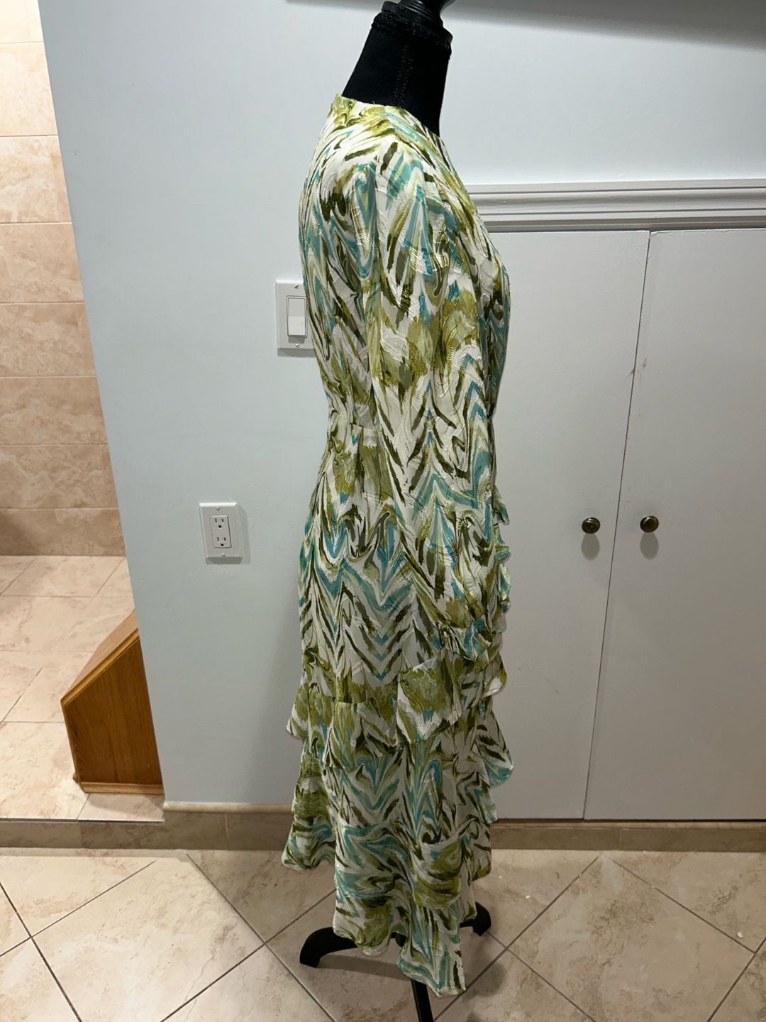 Eshet Chayil Long Sleeve Maxi Dress Size S Green Blue Abstract Print Ruffle 8