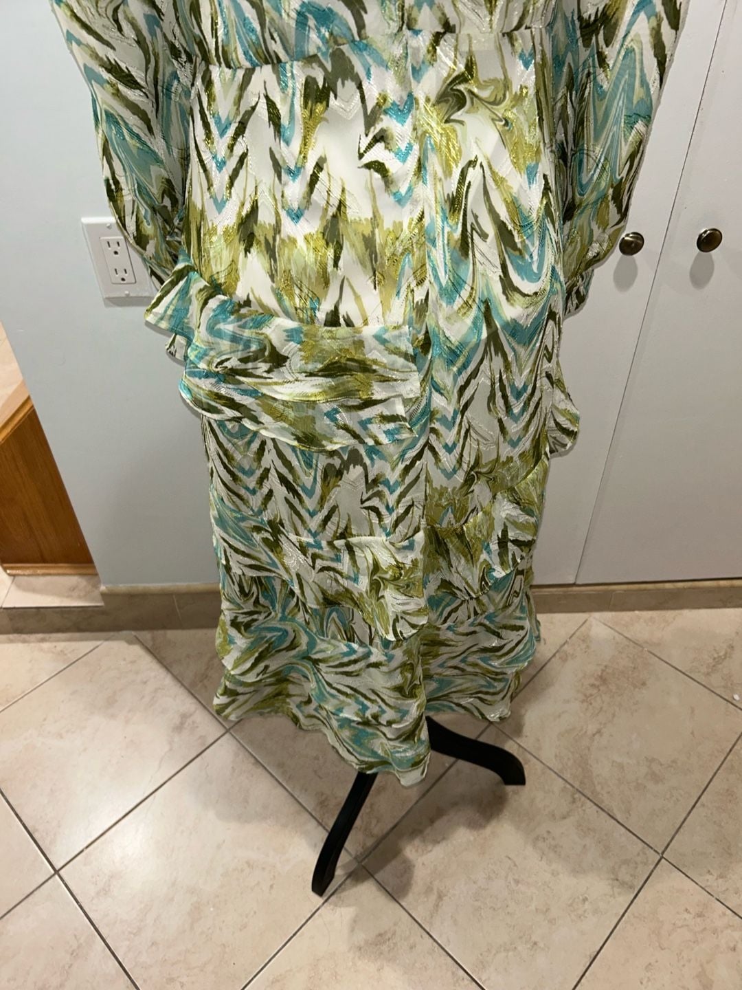 Eshet Chayil Long Sleeve Maxi Dress Size S Green Blue Abstract Print Ruffle 9