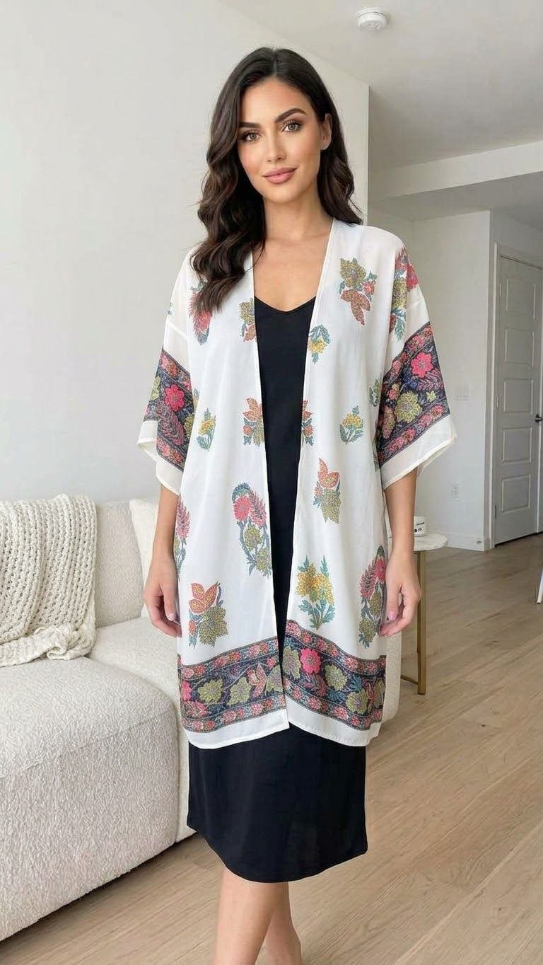 Charlotte Russe Floral Kimono Cardigan Size S White Boho Cover Up 2