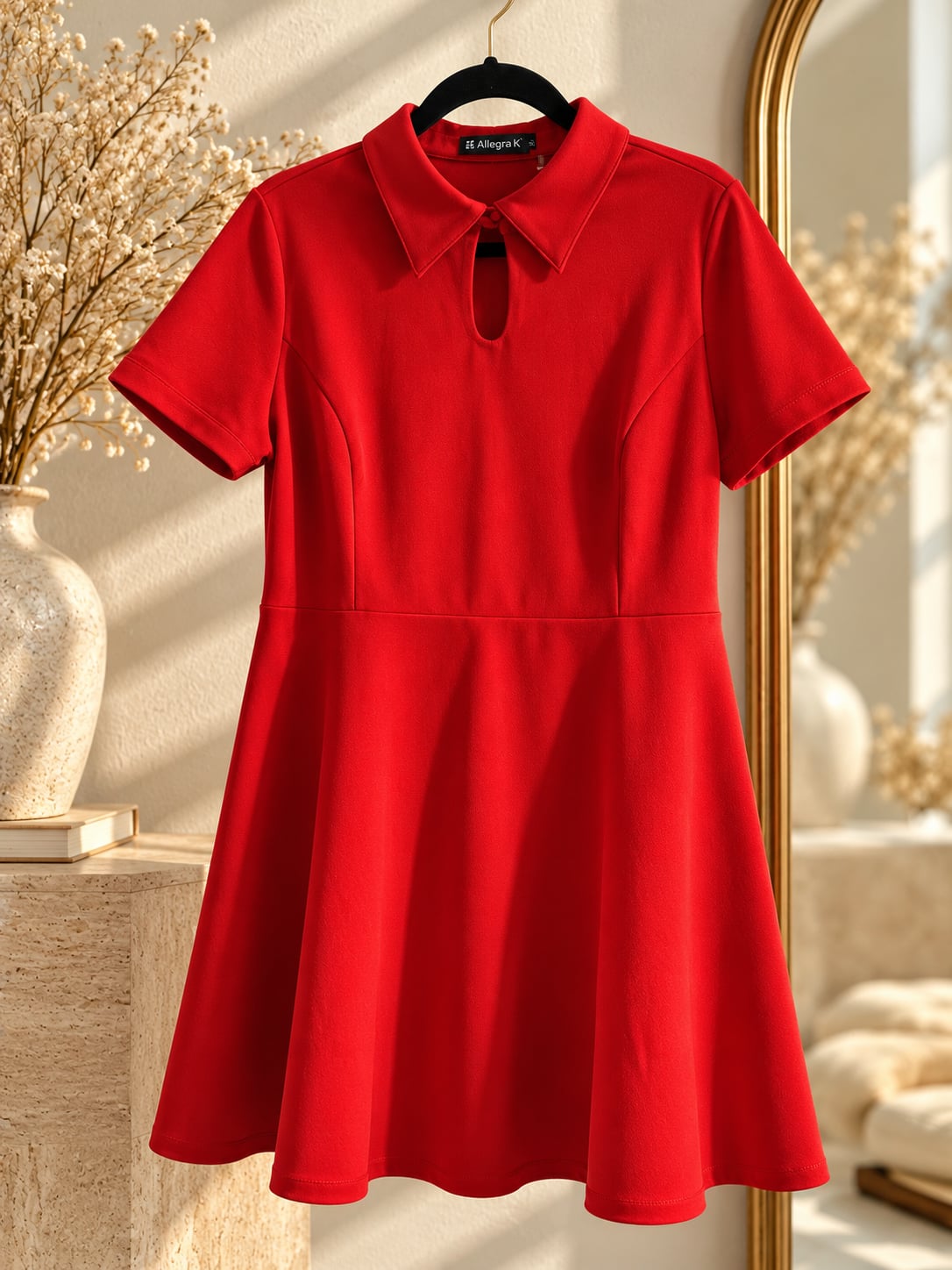 Allegra K Fit And Flare Turndown Collared Keyhole Dress Red XS 2