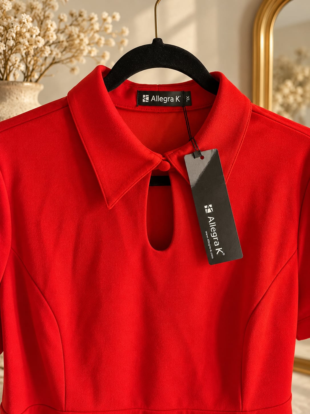 Allegra K Fit And Flare Turndown Collared Keyhole Dress Red XS 4