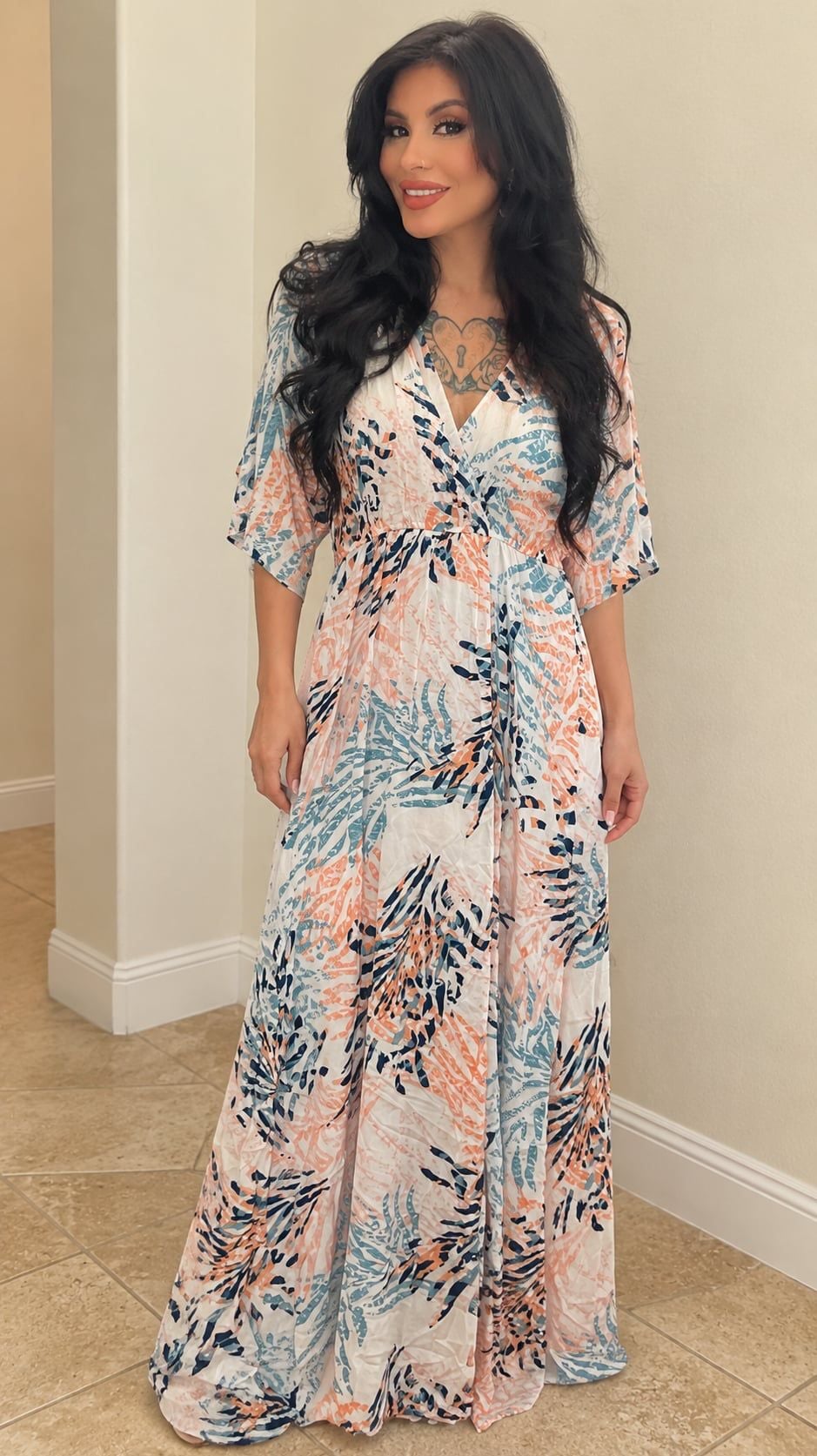 Forever 21 Woven Dress Size S Ivory Multi Palm Print Maxi 2