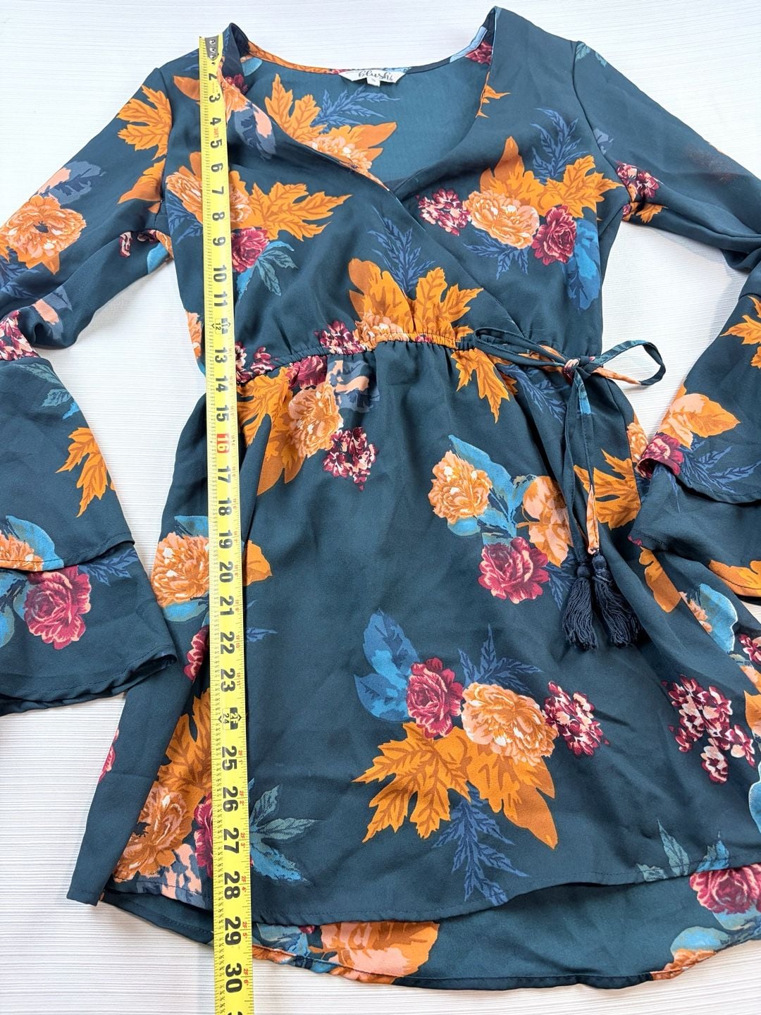 Boho Hint of Blush Floral Wrap Dress Size S Dark Teal Bell Sleeve Tassel 8