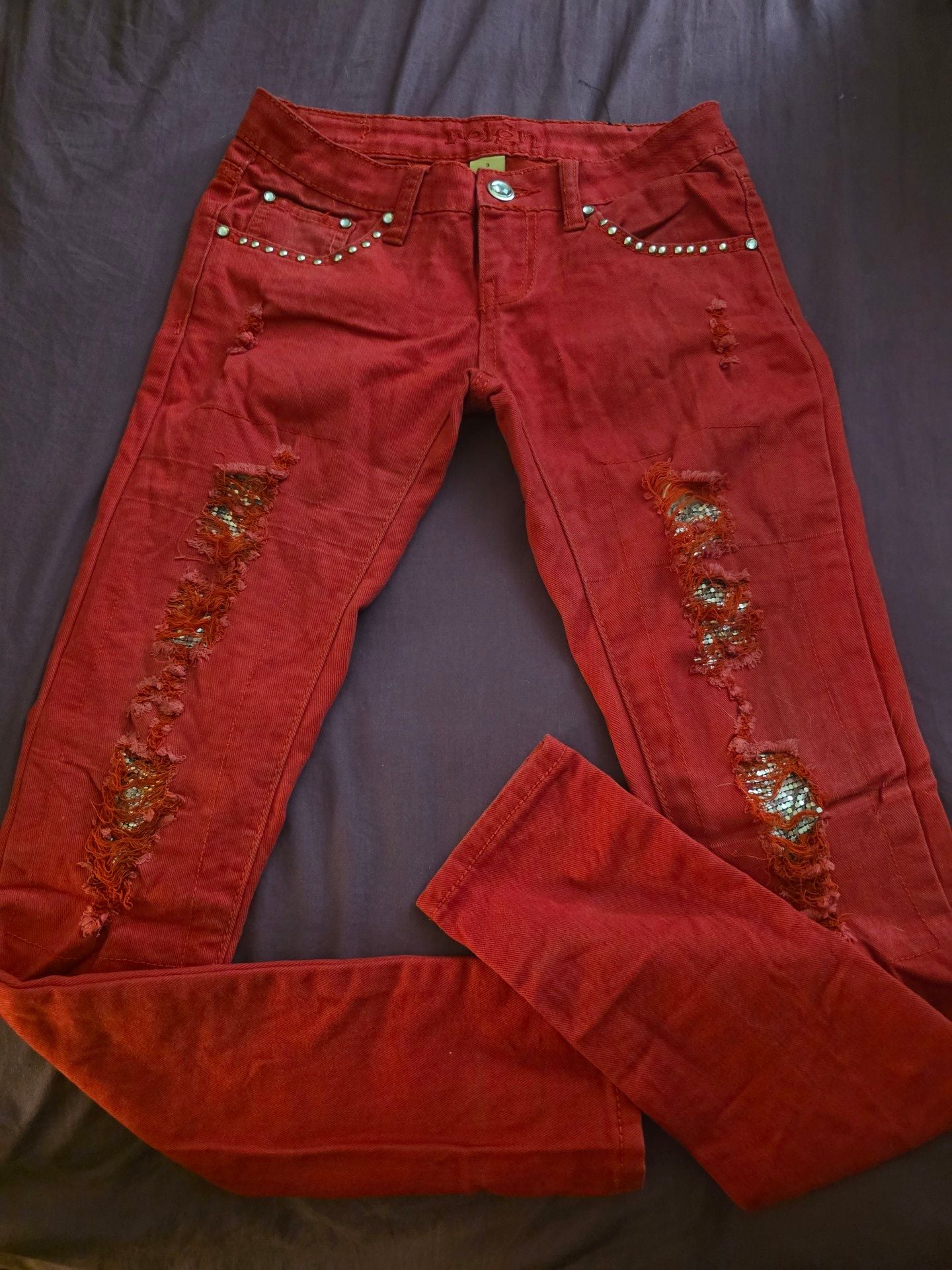 Reign Skinny Jeans Size 3 Red Studded Distressed Sequins 1