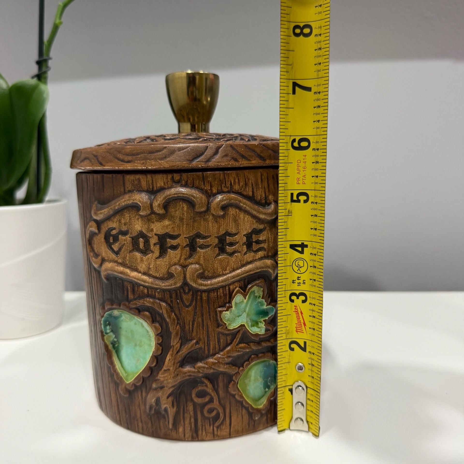 Treasure Craft Coffee Canister Wood Grain Embossed Green Leaf 8