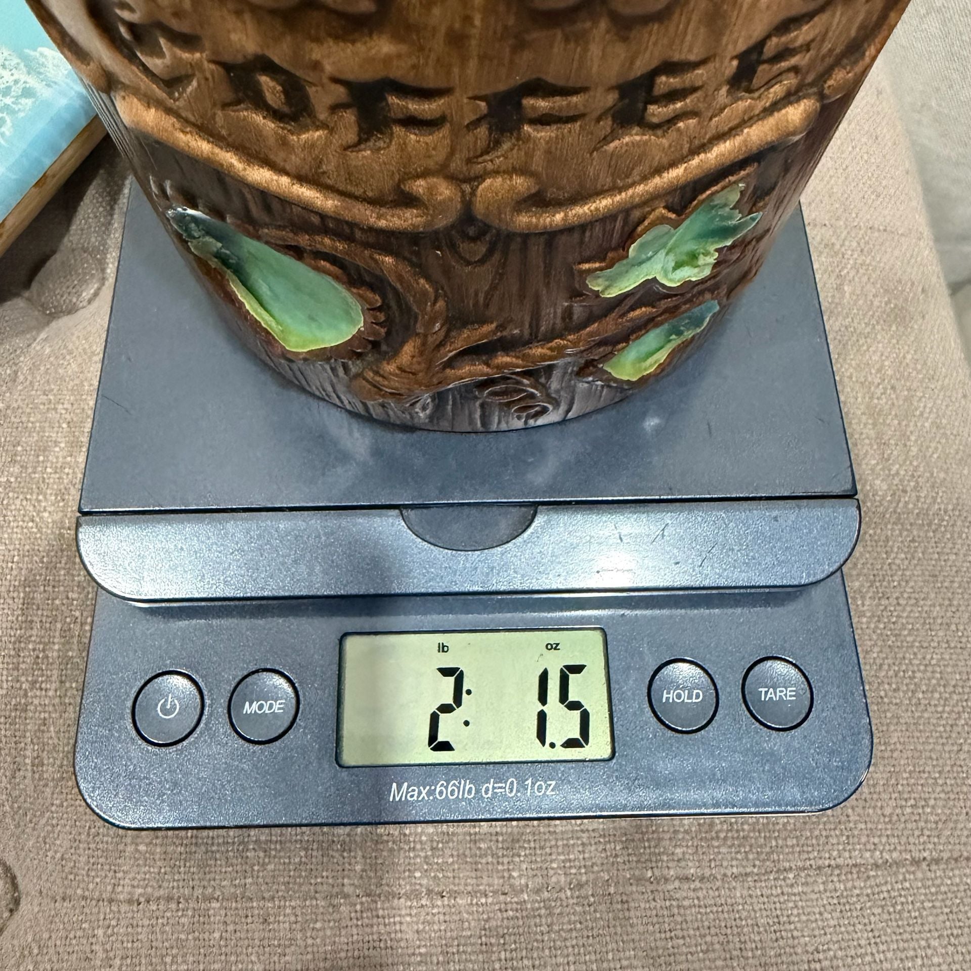 Treasure Craft Coffee Canister Wood Grain Embossed Green Leaf 10