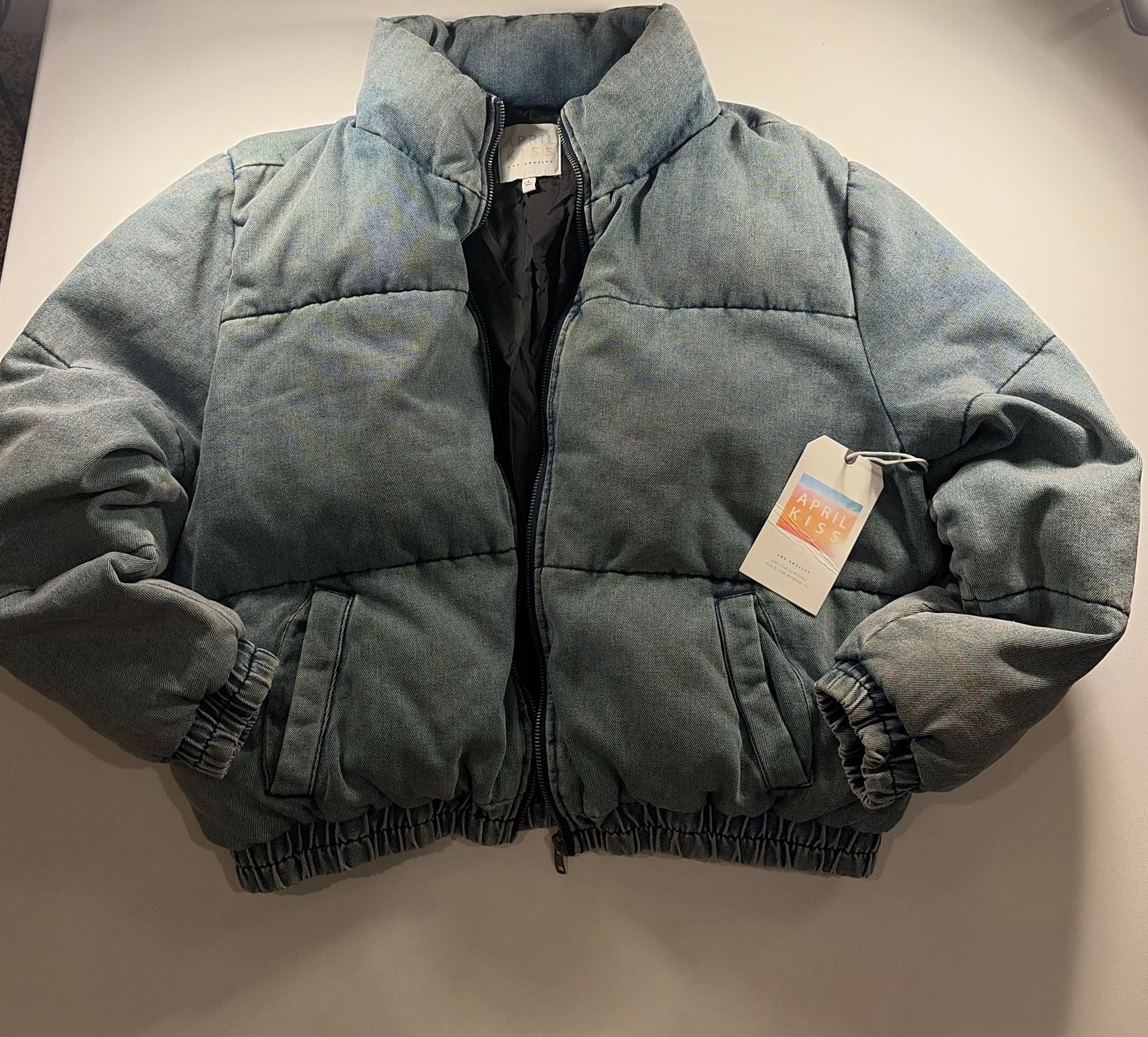 April Kiss Puffer Jacket Size L Blue Denim Zip Up 2