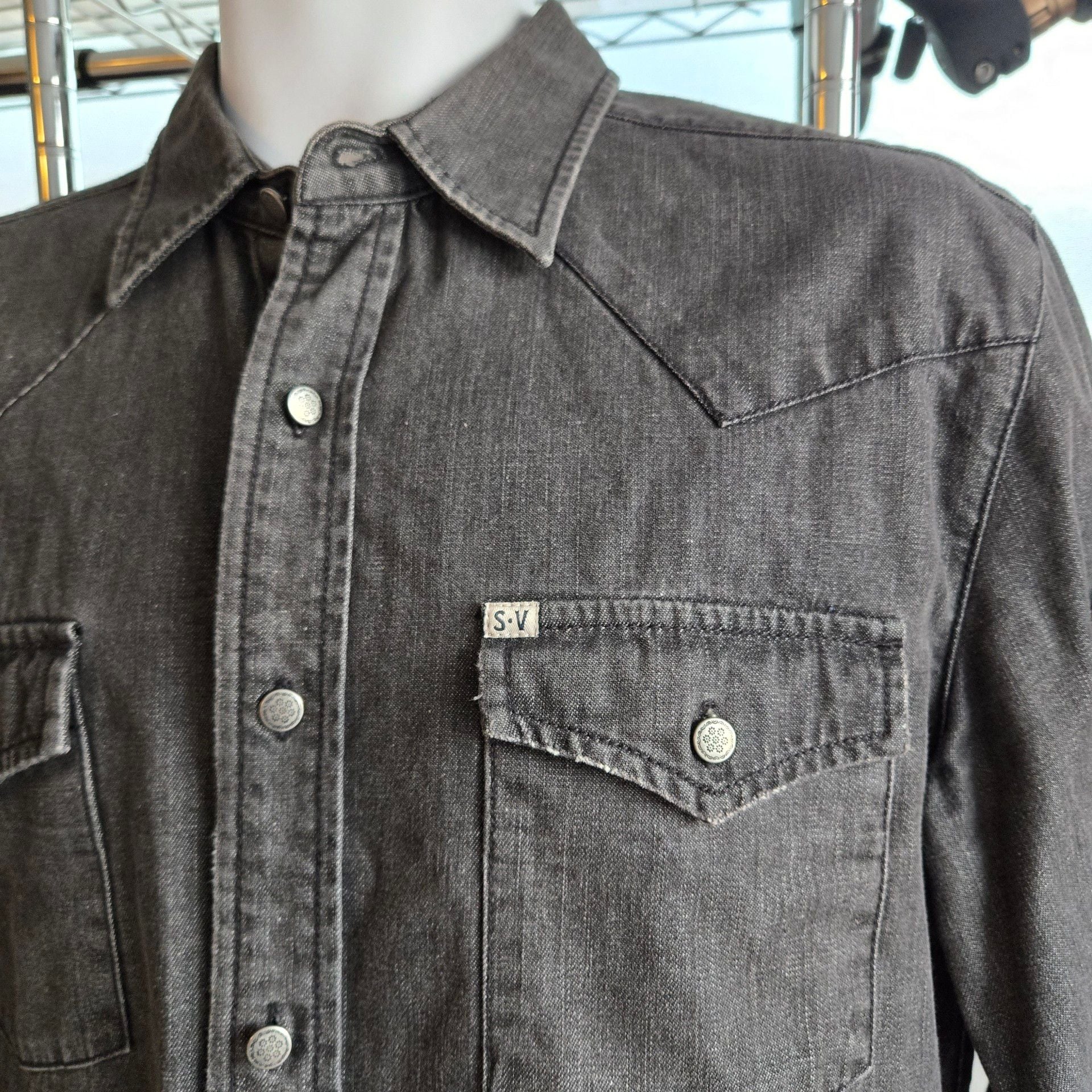 Salt Valley Western Denim Shirt Size M Black Long Sleeve Pearl Snap 3