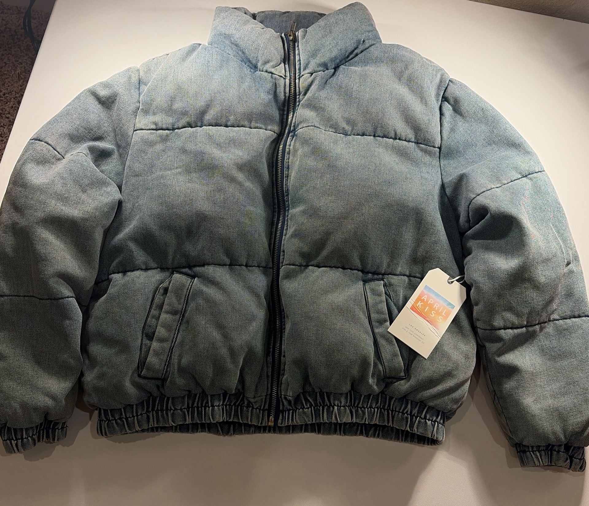 April Kiss Puffer Jacket Size L Blue Denim Zip Up 4