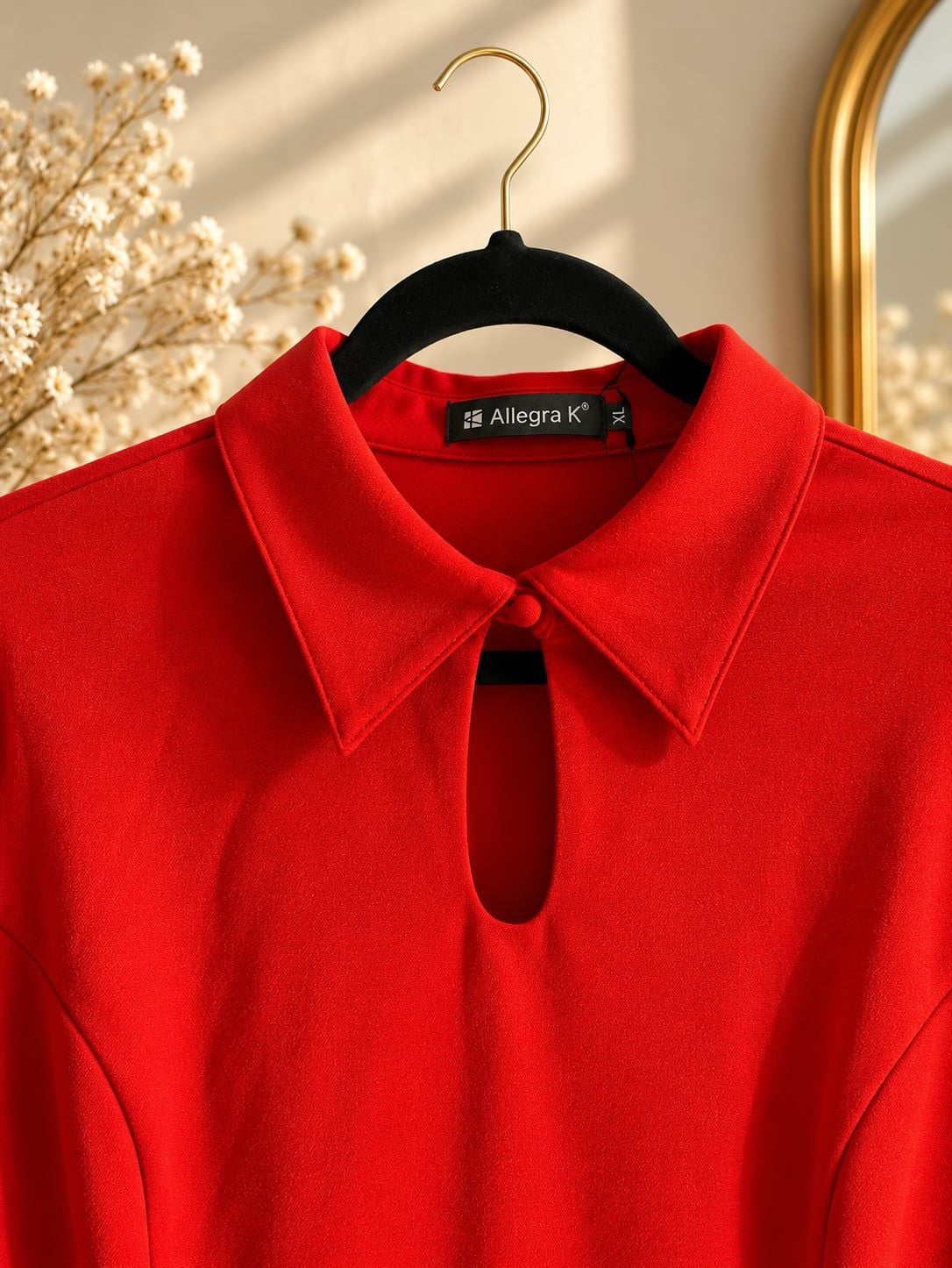 Allegra K Fit And Flare Turndown Collared Keyhole Dress Red XS 3