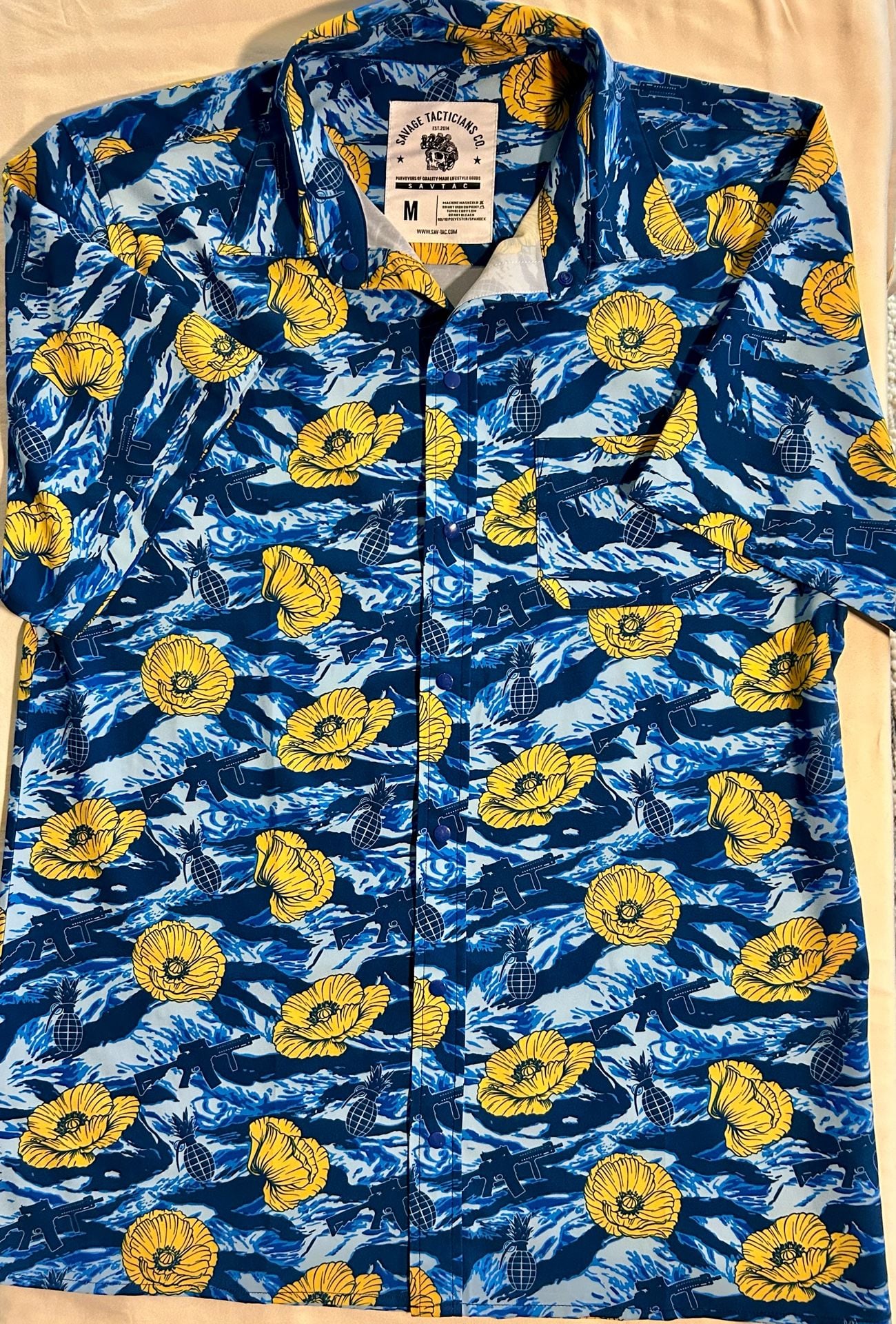 Savage Tacticians Tiger Stripe Blue Button-Up Size M Yellow Poppy Aloha Shirt 2