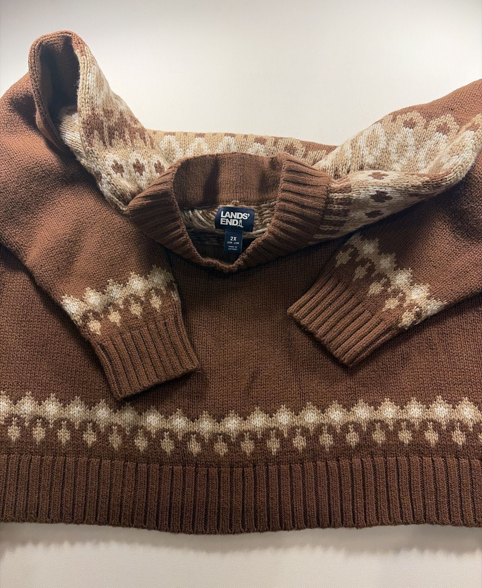 Lands' End Fair Isle Mock Neck Sweater Size 2X Brown Cream Nordic 3