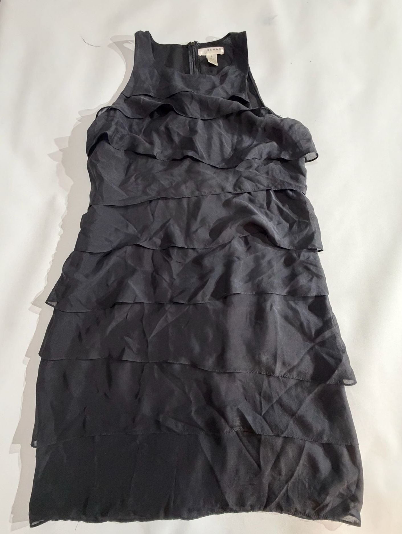 Kenar Black 100% Silk Tiered Ruffle Sleeveless Mini Dress Size 8 2