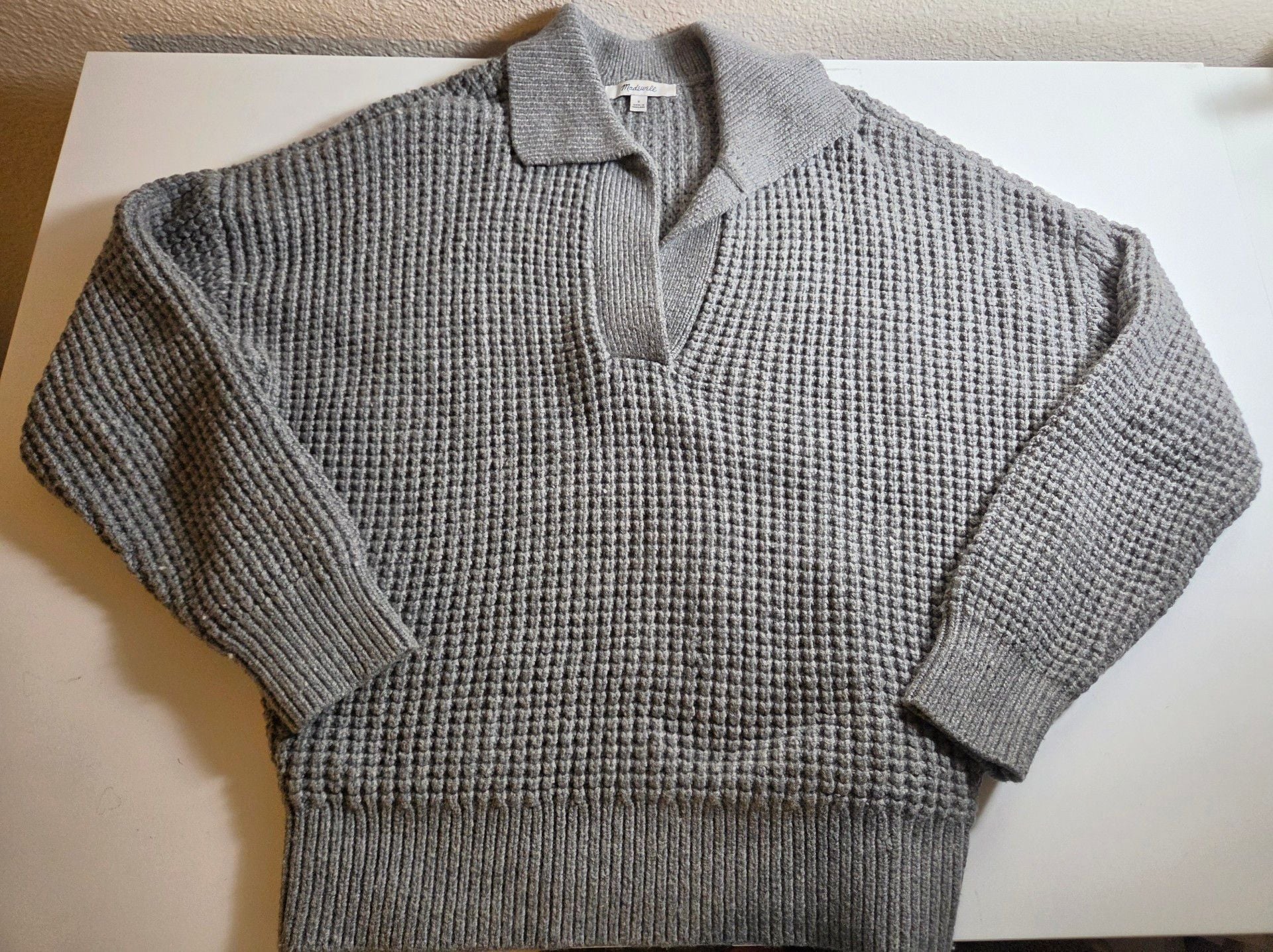 Madewell Waffle Knit Polo Sweater Size S Gray Cotton Blend 2
