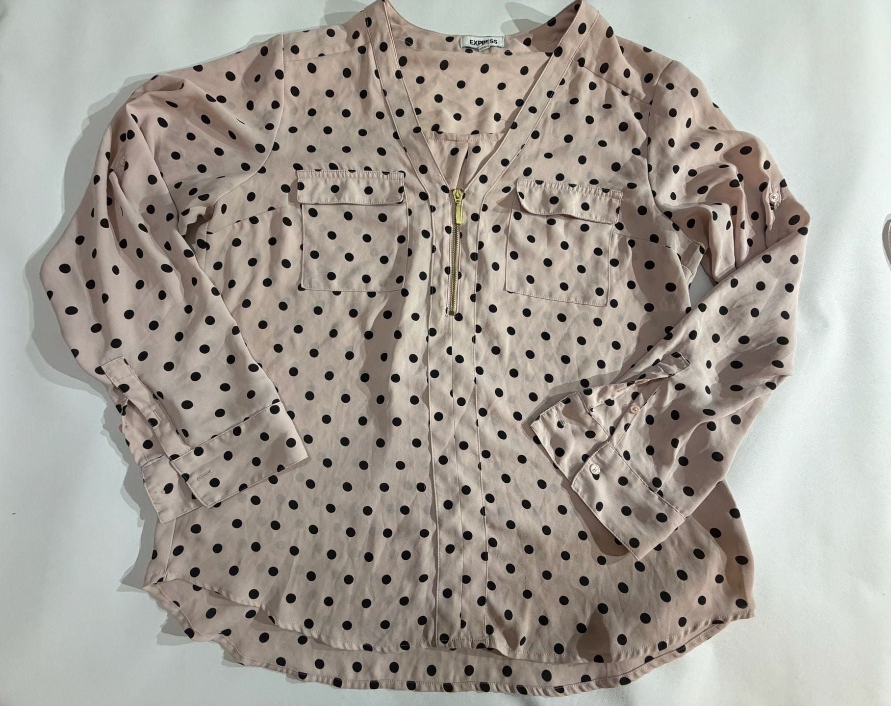 Express Polka Dot Zip Front Long Sleeve Blouse Pink Black Size L 2