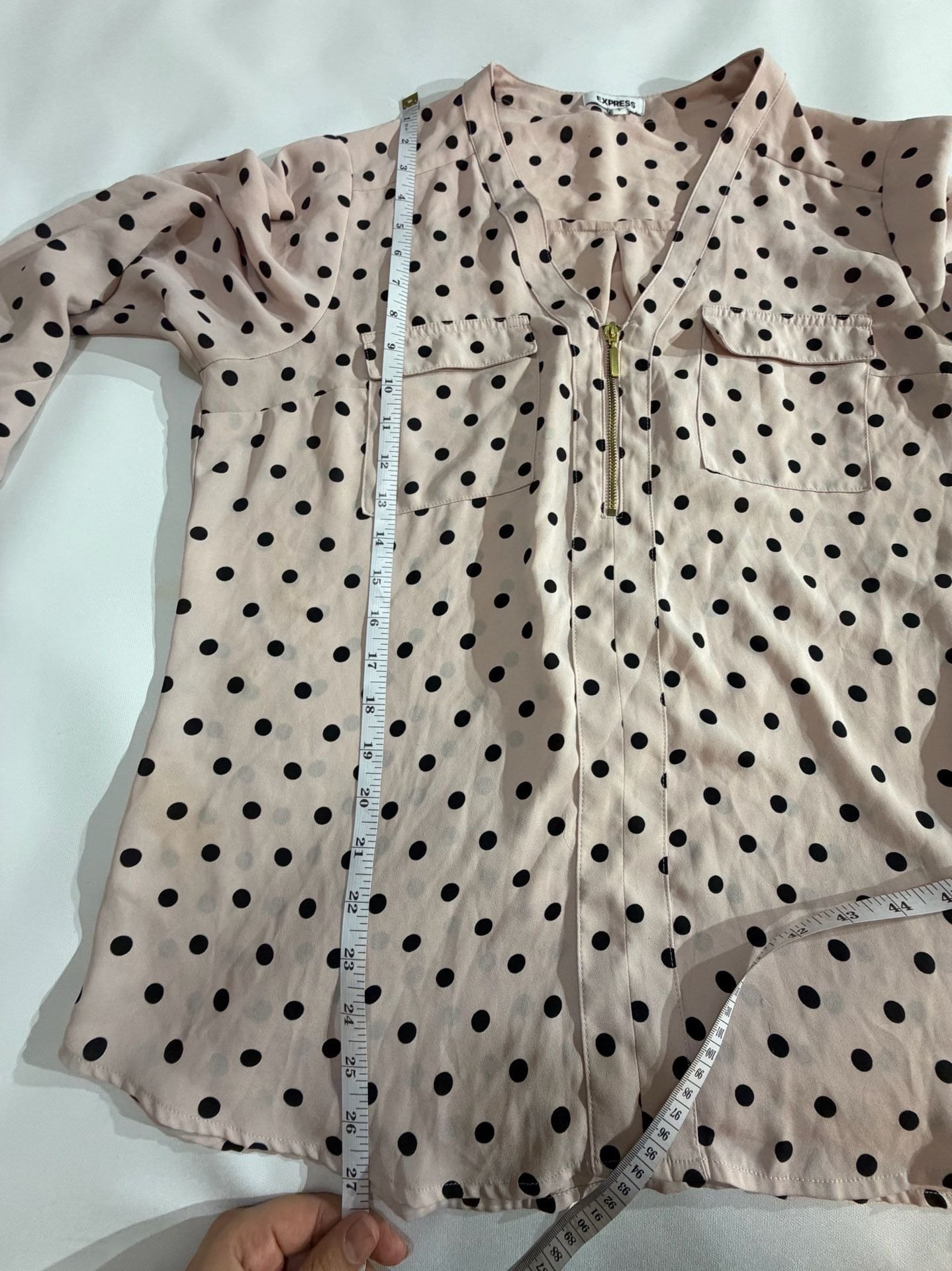 Express Polka Dot Zip Front Long Sleeve Blouse Pink Black Size L 6