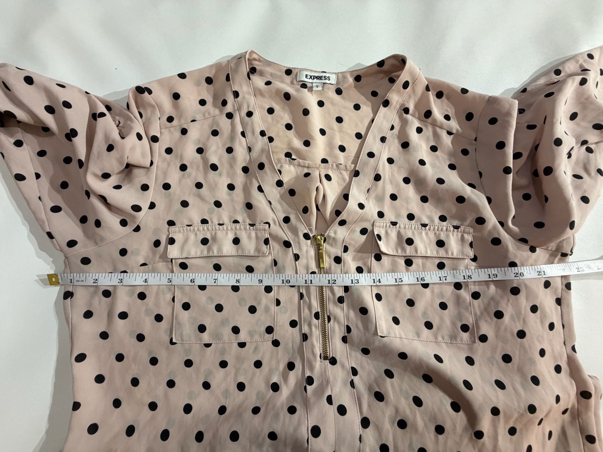 Express Polka Dot Zip Front Long Sleeve Blouse Pink Black Size L 7