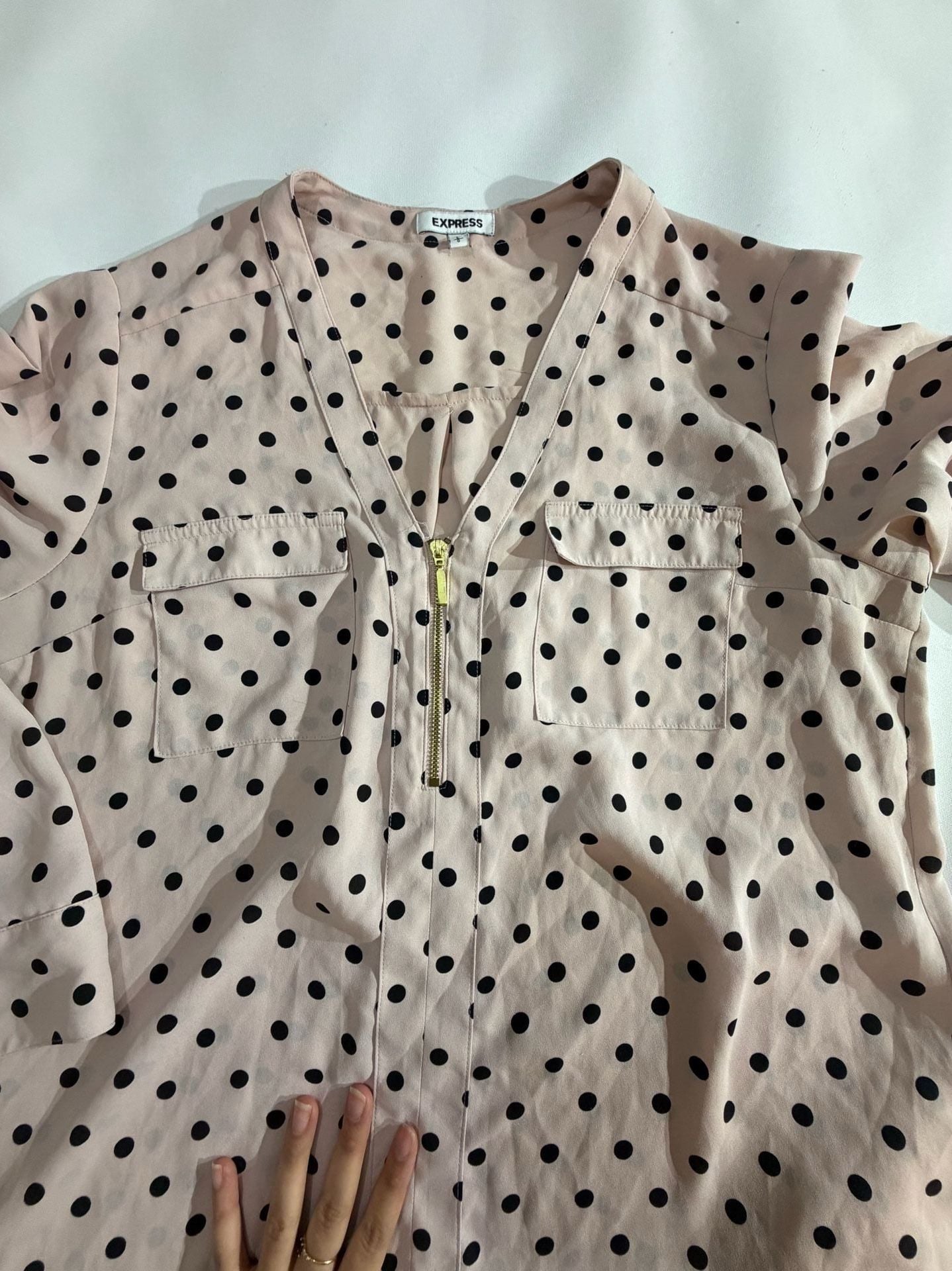 Express Polka Dot Zip Front Long Sleeve Blouse Pink Black Size L 5