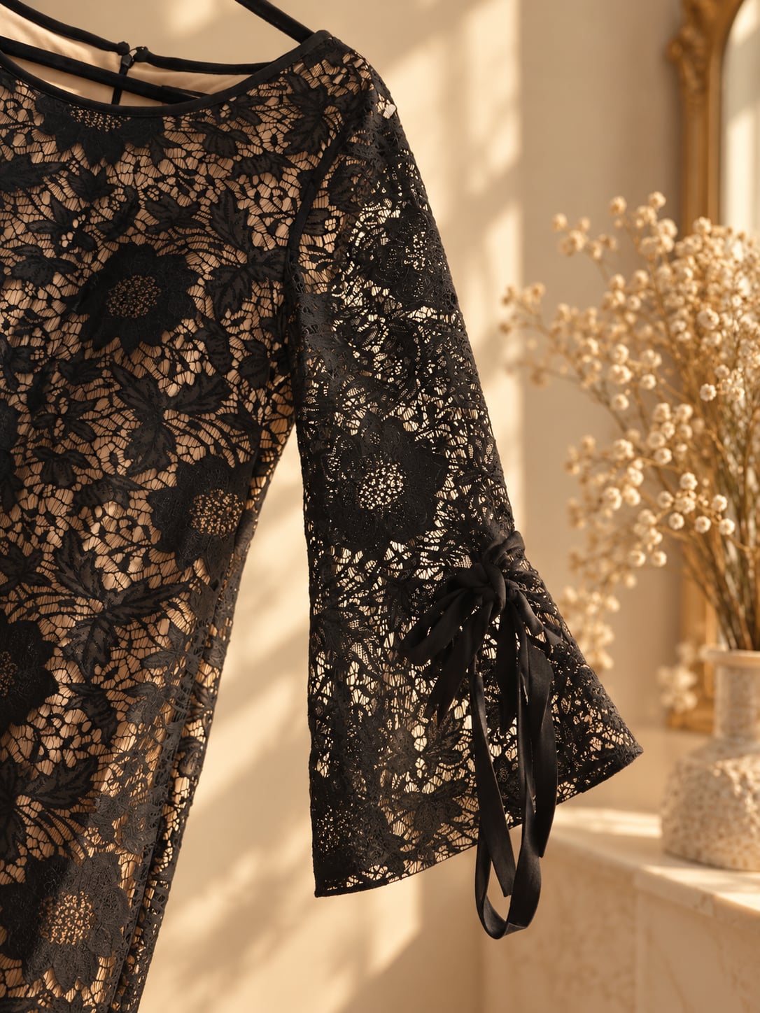 Karin Stevens Lace Dress Size 16 Black Nude Floral Bow Sleeve 3