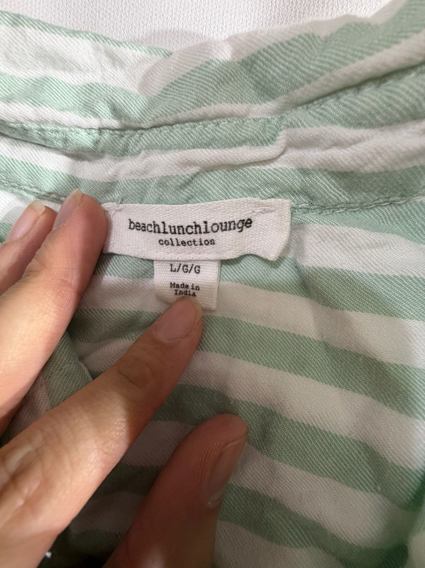 Beach Lunch Lounge Green Striped Button Up Top Size L 2