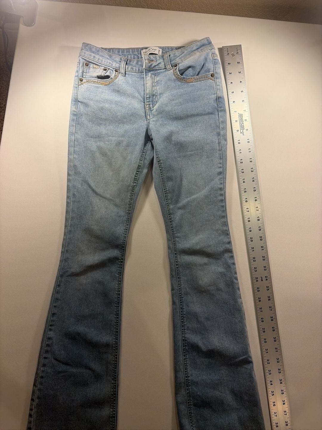 Vanilla Star Flare Jeans Size 25 Light Wash Y2K Embellished Pocket Raw Hem 2