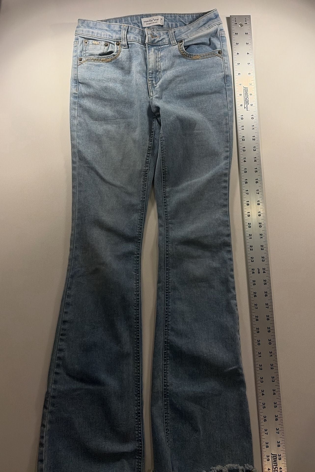 Vanilla Star Flare Jeans Size 25 Light Wash Y2K Embellished Pocket Raw Hem 3