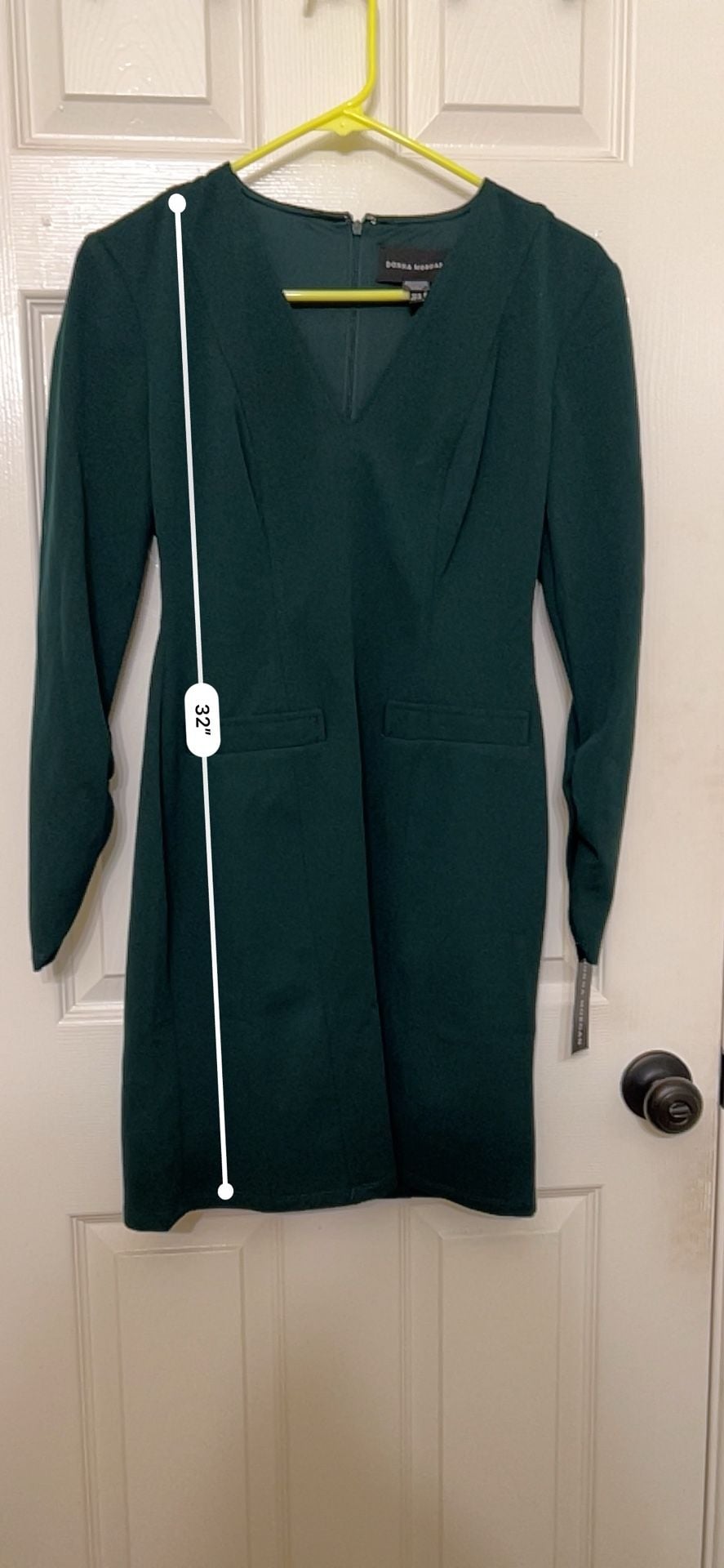Donna Morgan V-Neck Long Sleeve Dress Size 0 Green Faux Pockets 6
