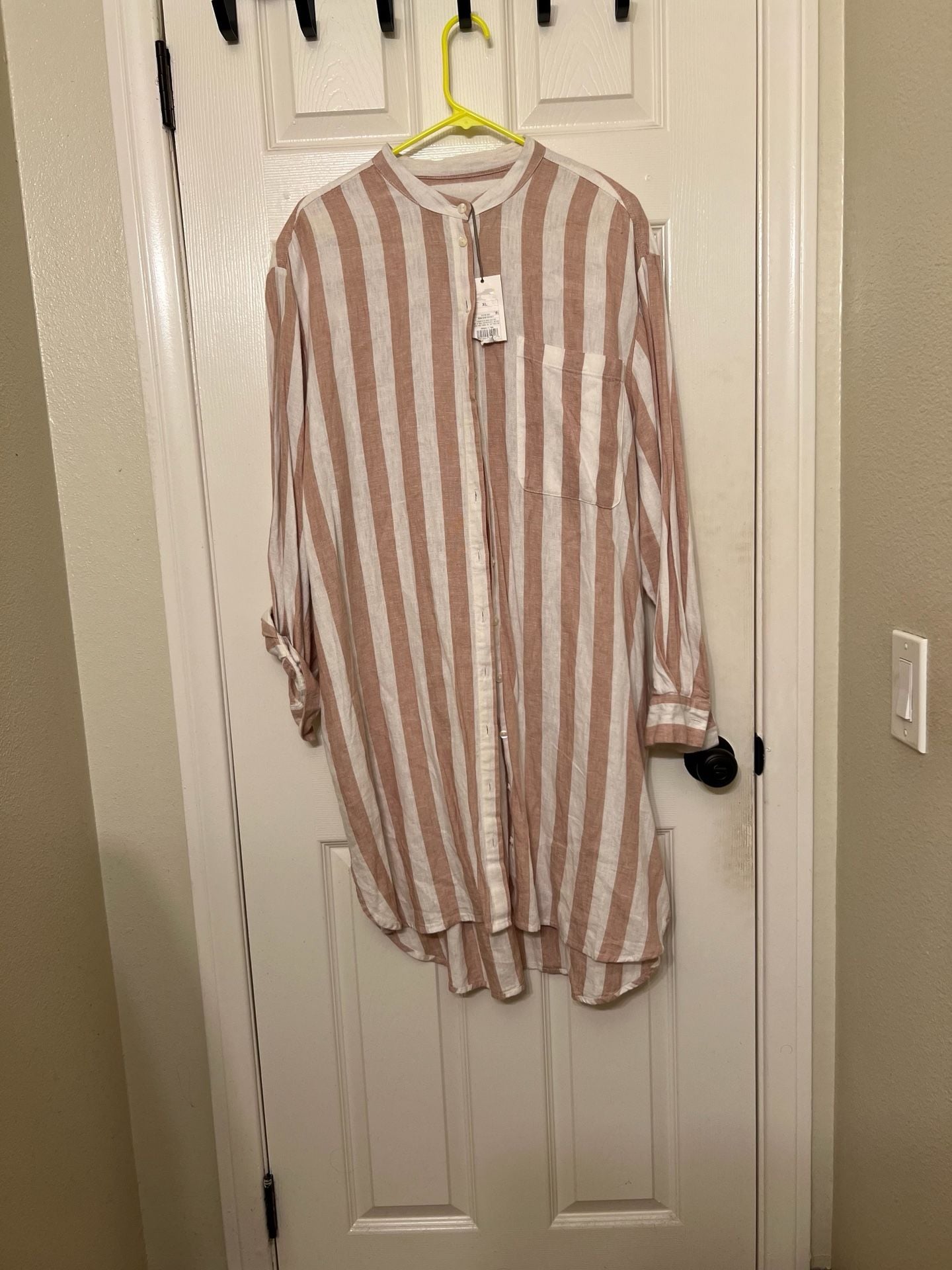 A New Day Linen Blend Striped Shirt Dress Size XL Brown Cream 2